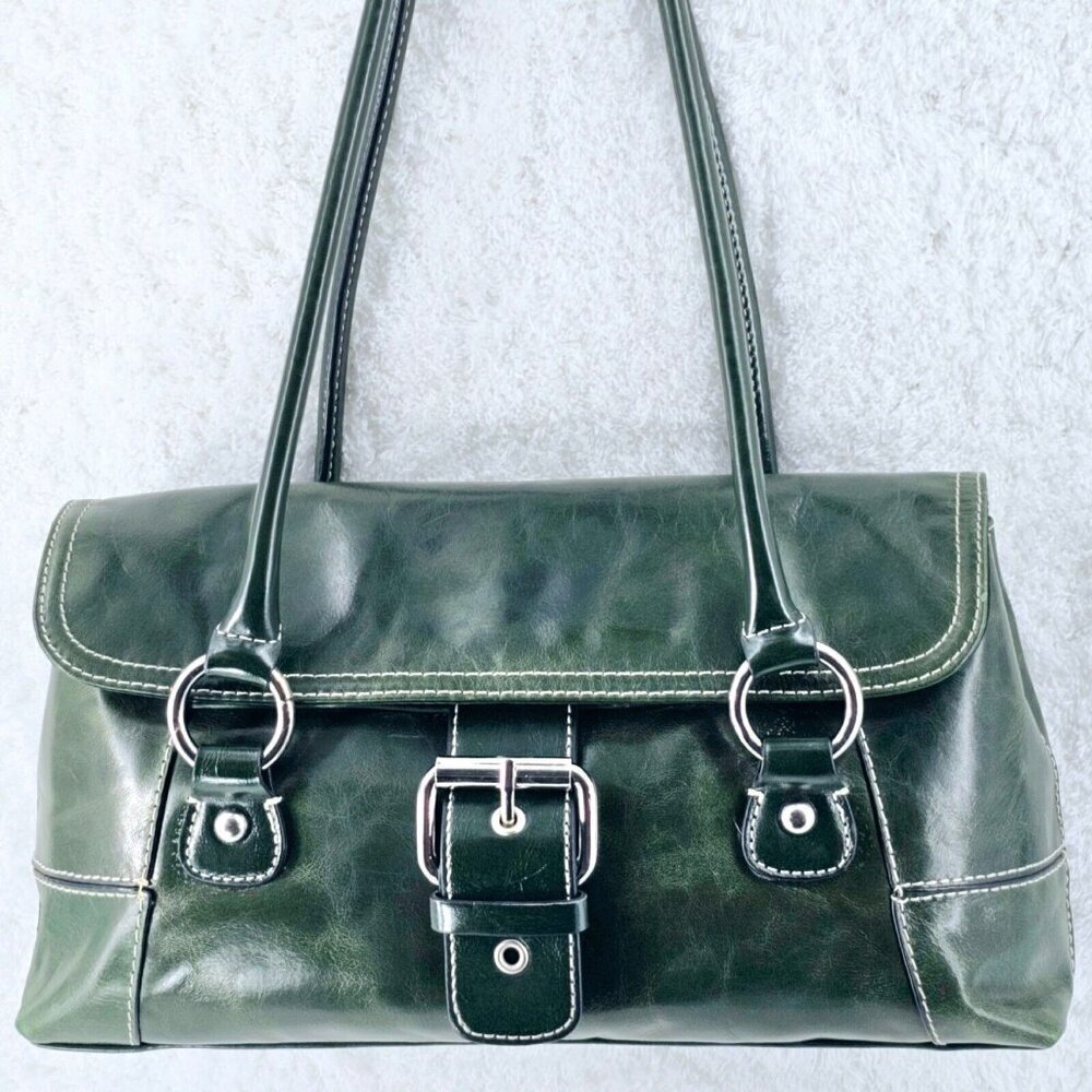 Giani Bernini Retro Olive Green Glazed Leather Shoulder Bag Buckle Accent